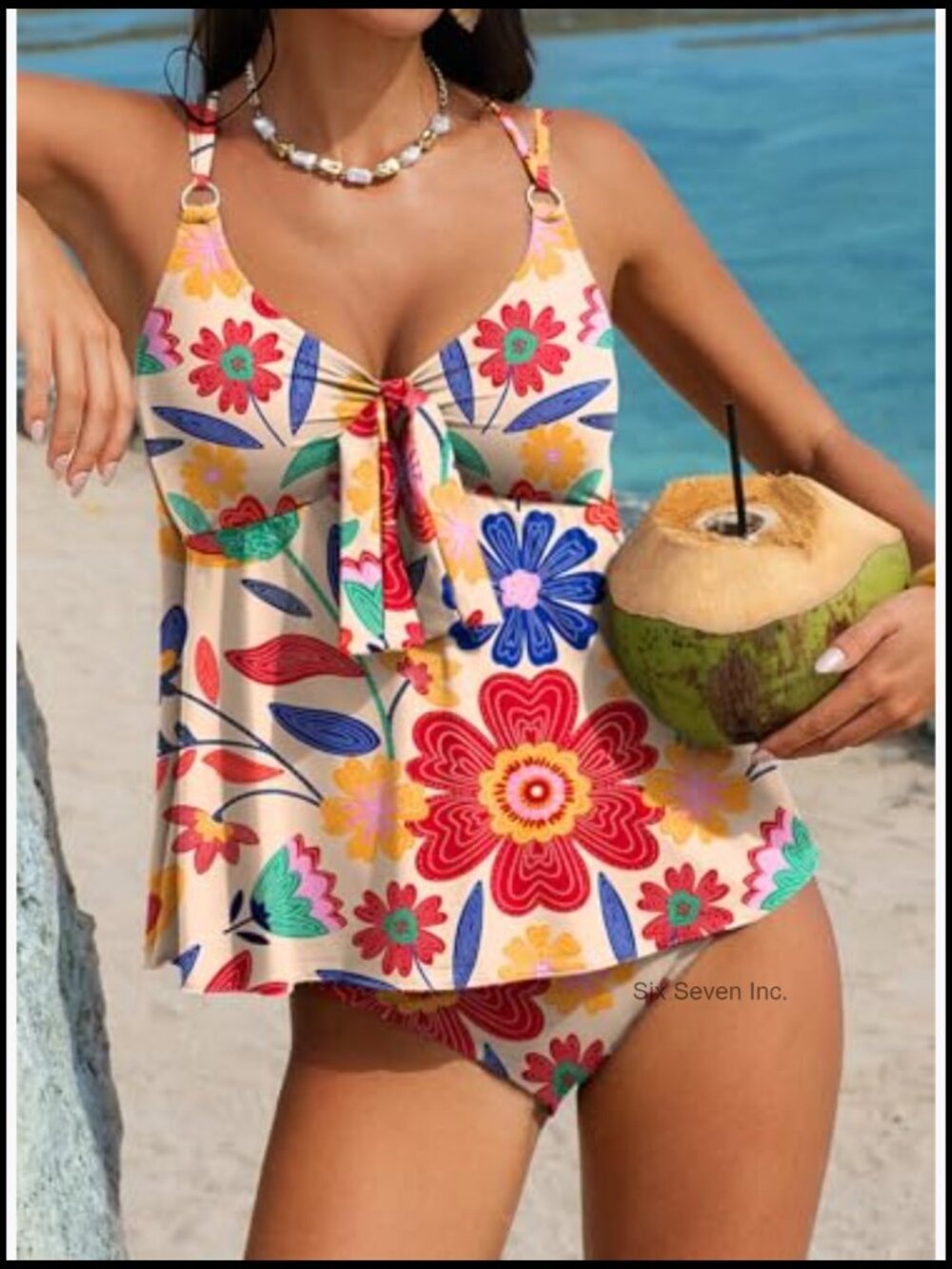 Tankini Swimsuits Tummy Control Two Piece Bathing Suit V Neck Tie Front Flowy - Picture 2 of 7